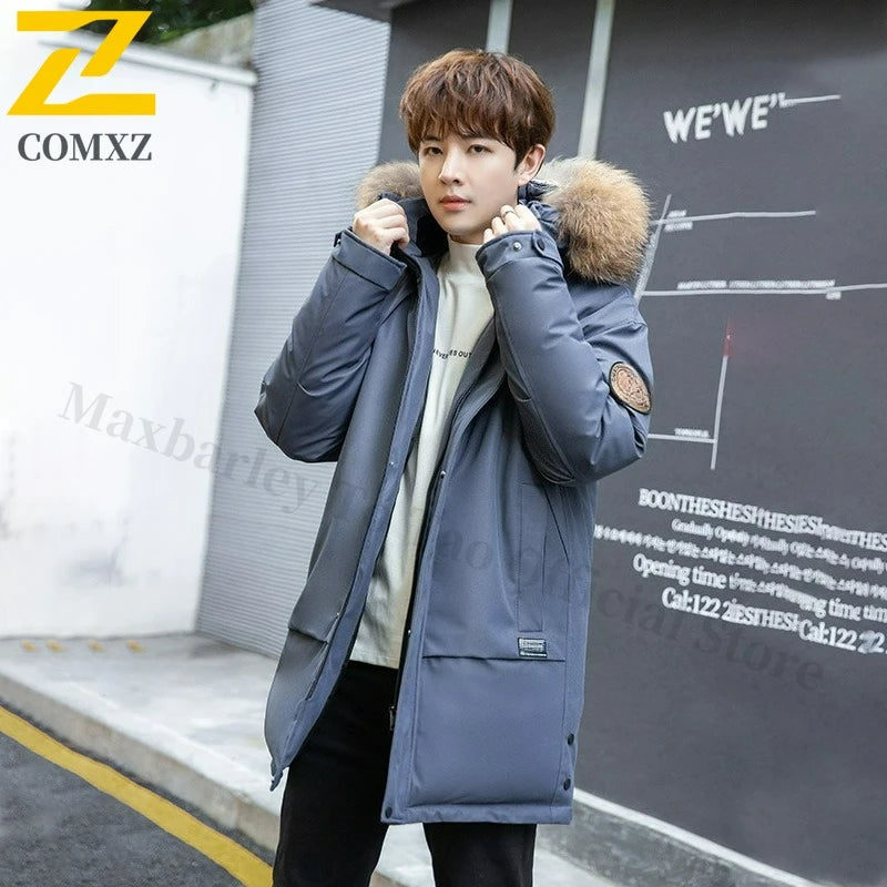 COMXZ Men Puffer Jacket Luxury Mao Collar Hooded Outdoor Office Thickened Parka Casual Travel Windproof Winter Long Puffer Coat