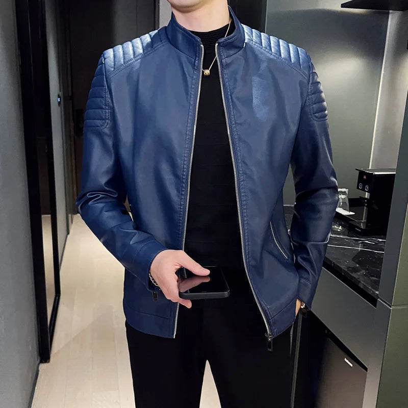 Motorcycle PU Leather Jacket Men Winter Leahter Jacket Male Stand Collar Casual Windbreaker trendy mens clothing black blue coat