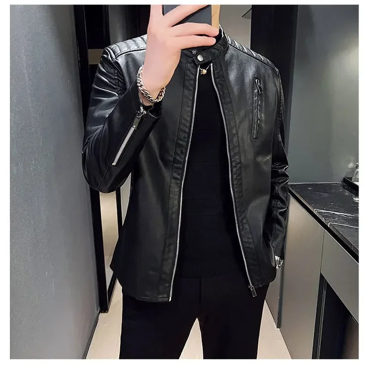 Spring and Autumn Men's Motorcycle Leather Jacket Casual Stand Collar Solid Color White Black Leather Jacket Zip Up PU Coat