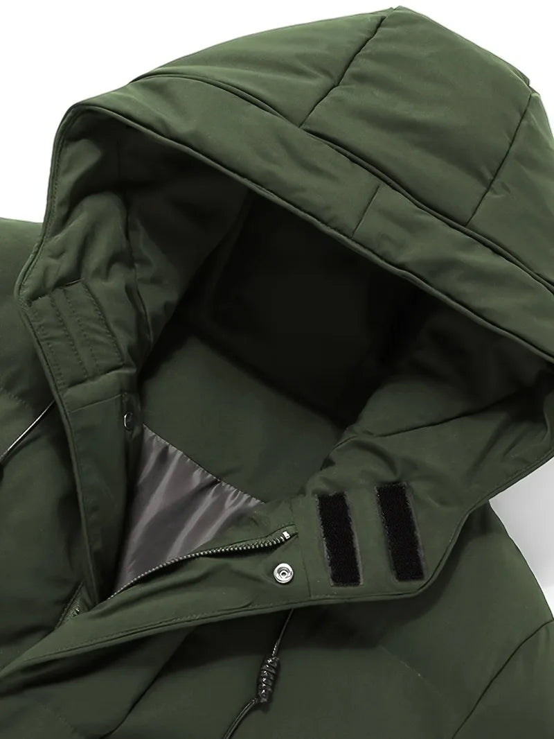 Men'S Heavyweight Winter Coat Windproof Cold Weather Jacket with Full-Length Zipper, Hooded Long Formality, Large Front Pockets
