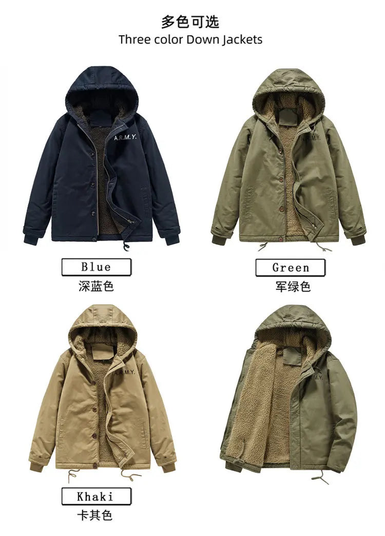 2025 New High-quality fall/winter outerwear men's outdoor casual windproof hooded pullover loose fleece work jacket male