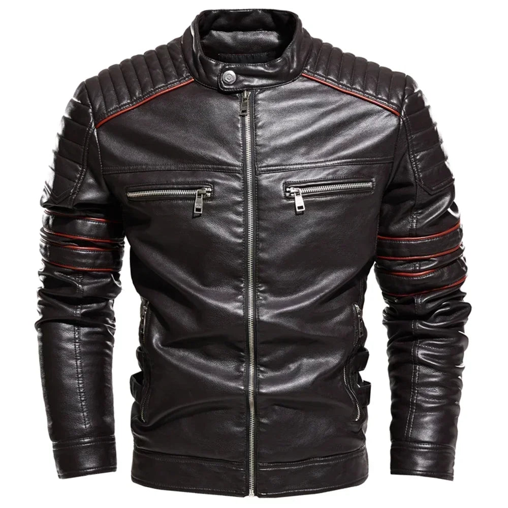 Streetwear Biker Coat Slim Fit Autumn Winter Coat Men Fur Lined Men Motorcycle Jacket Fashion Men Jacket Coffee Leather Jacket