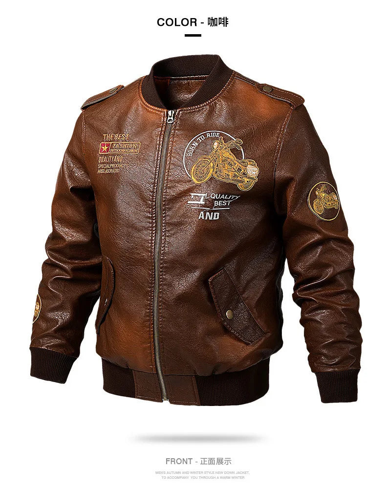 2025 Spring  Autumn Coffee V-neck  Embroidered PU Leather Motorcycle Jacket for Men,Army Green Washed Men's Workwear PU Jackets