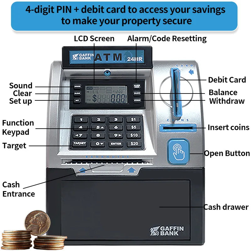 Playing house, savings toys, ATM machines, smart card swiping, coin counting, large safe, password, and money storage can