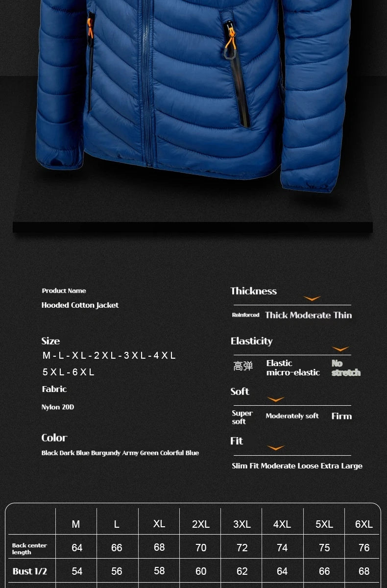 2025 Winter New Men's Lightweight Detachable Hood Cotton Jacket Male Parkas Warm Outdoor Coat Casual Plus Size