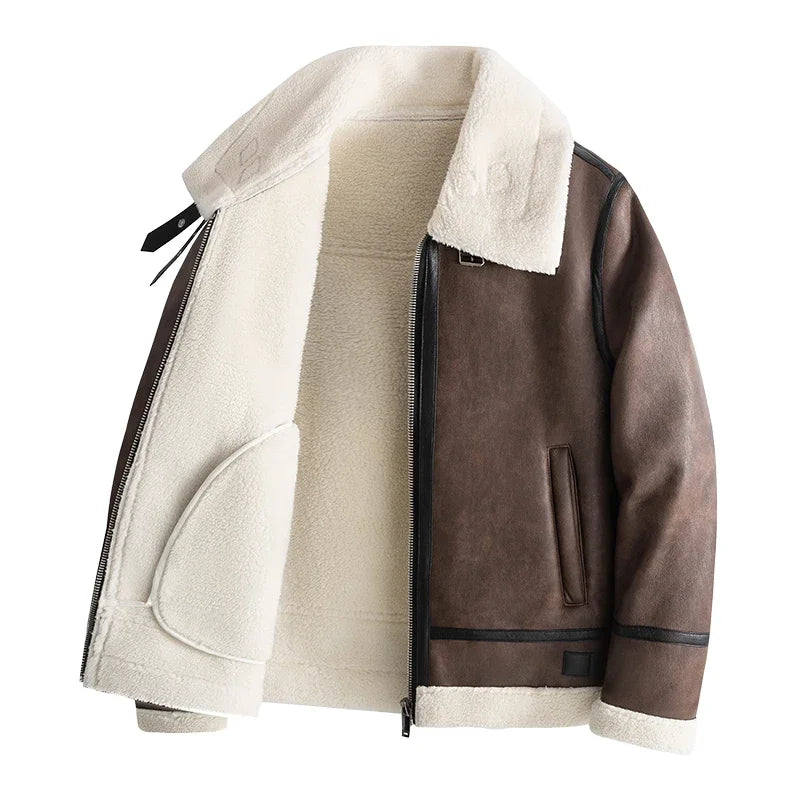 New Warm Cashmere Coat Brand Leather Jackets Thickened Warm Sheepskin Leather Coat  Men's Luxury Fur Lamb Wool Leather Coat