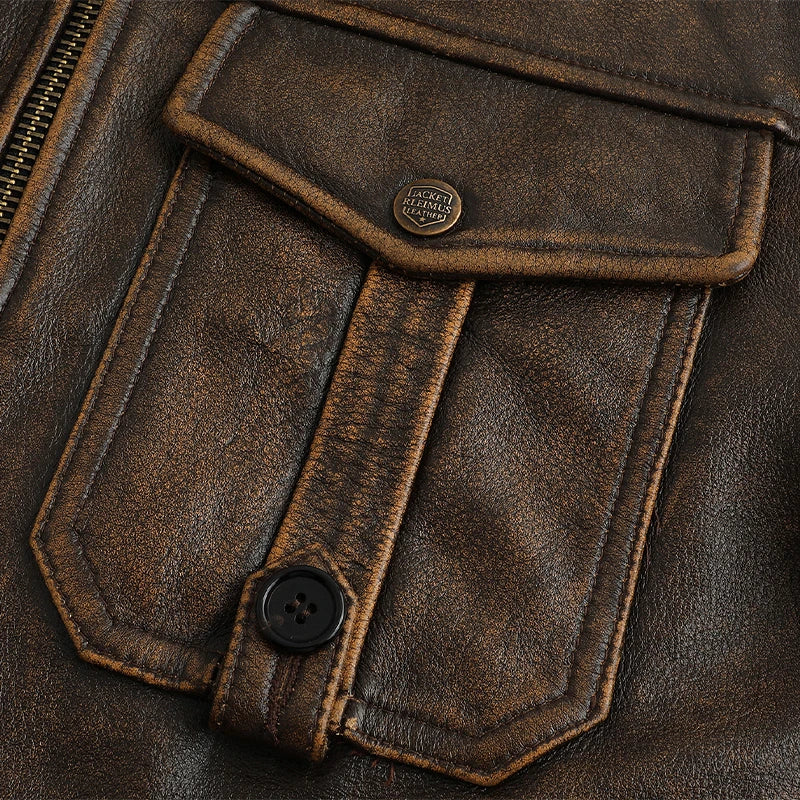 New Top-Layer Cowhide Leather Jacket Men's Four Seasons Motorcycle Leather Jacket Slim-Fit Lapel Multi-Pocket Jacket