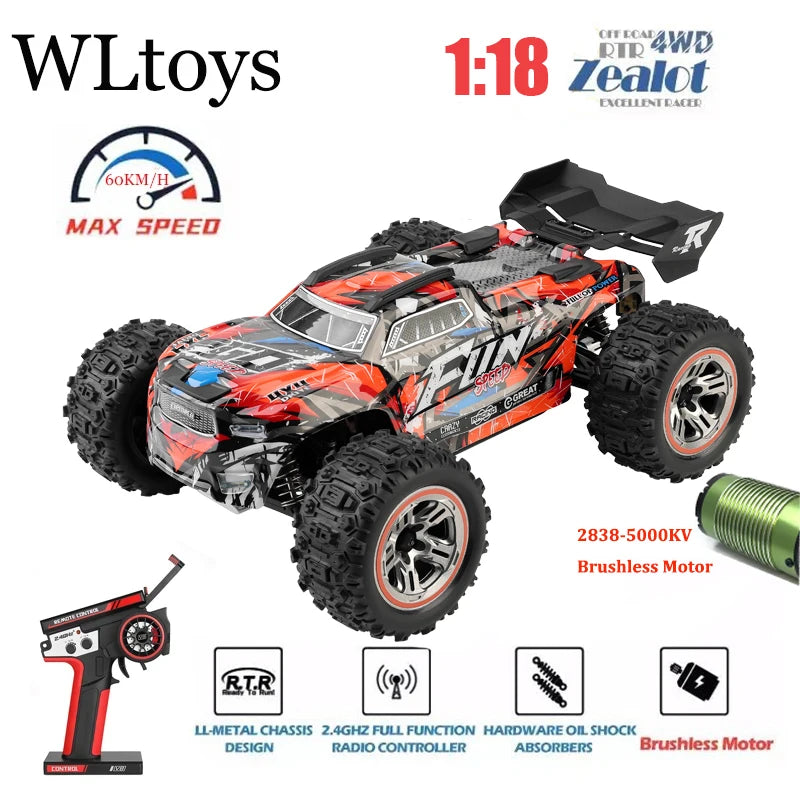 Wltoys 184008 1/18 Scale 2.4G RC Car Brushless Motor ESC 4WD Off-Road High Speed 60Km/H 3-in-1 Racing Toy for Boys