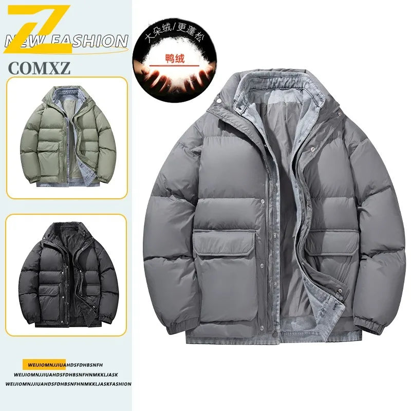COMXZ Luxury Down Jacket Stand Collar Fake Two-Piece Cold Protection Coat Hiking Travel Winter Wear Lightweight Puffer Jacket