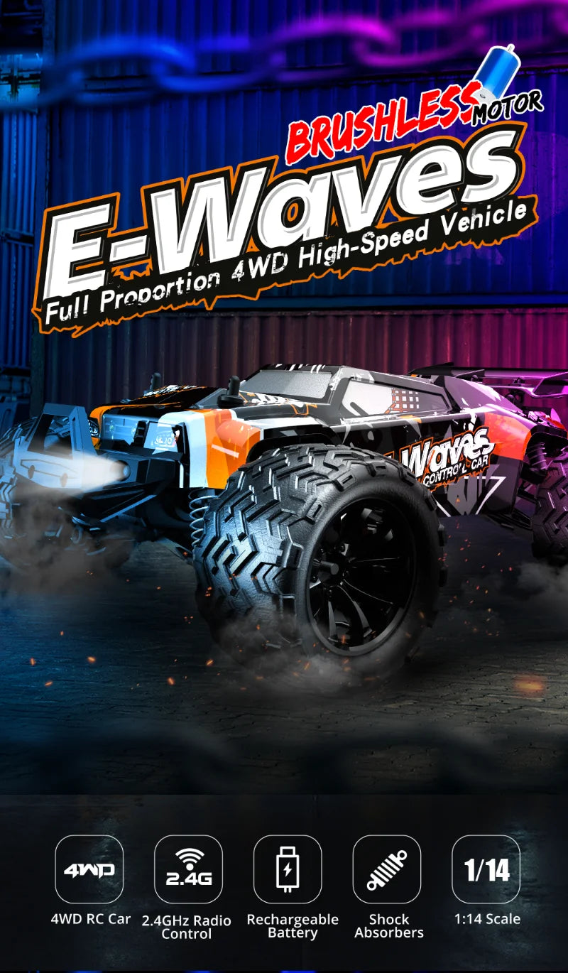 1:14 4WD RC Car Toy - 4x4 Off Road Drift Racing, 45KM/h Super Brushless High Speed - Waterproof Remote Control Truck for Kids