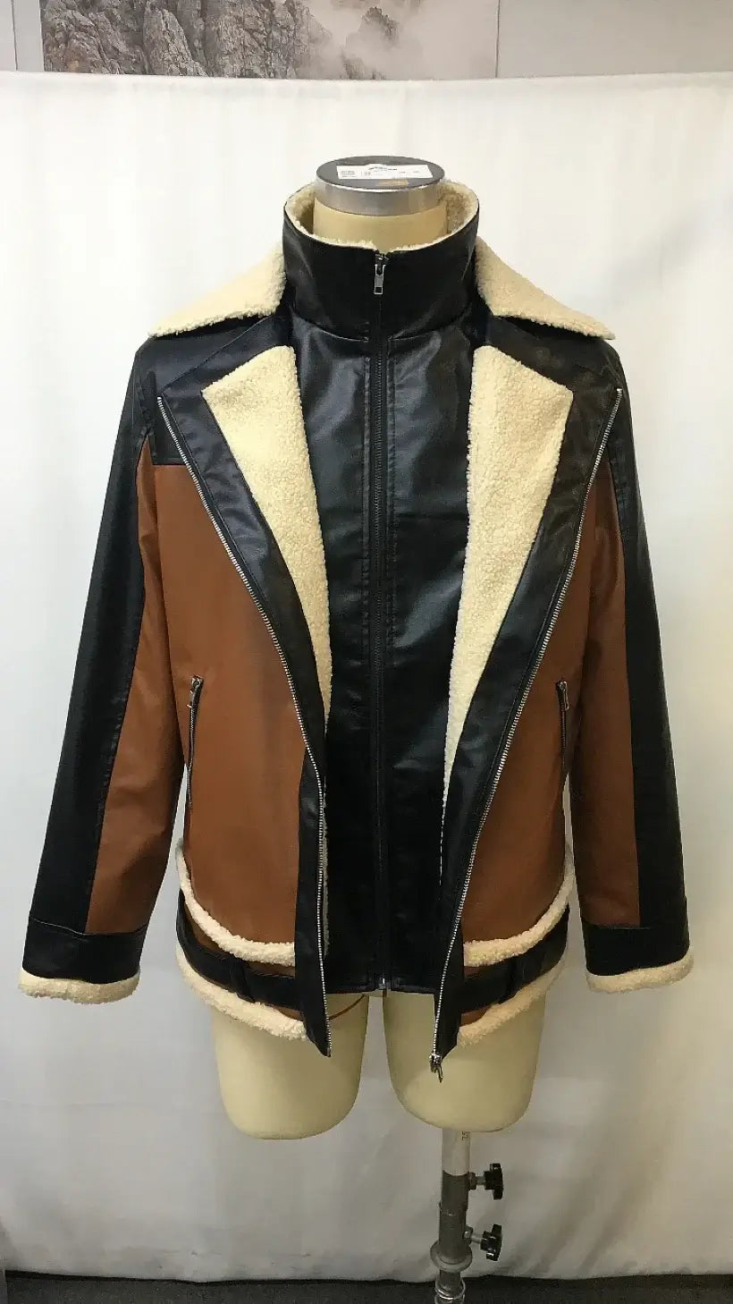 2025 New Men's Warm Contrast Color Leather Coat, Winter Faux Fur Lined Stand Collar Long Sleeve Jacket, Vintage Biker Style Oute