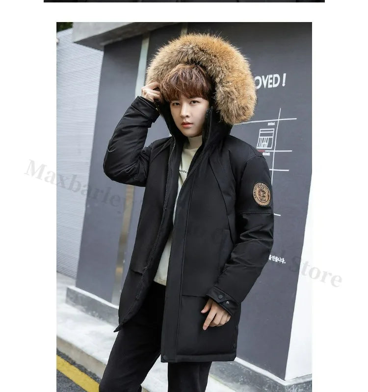 COMXZ Men Puffer Jacket Luxury Mao Collar Hooded Outdoor Office Thickened Parka Casual Travel Windproof Winter Long Puffer Coat