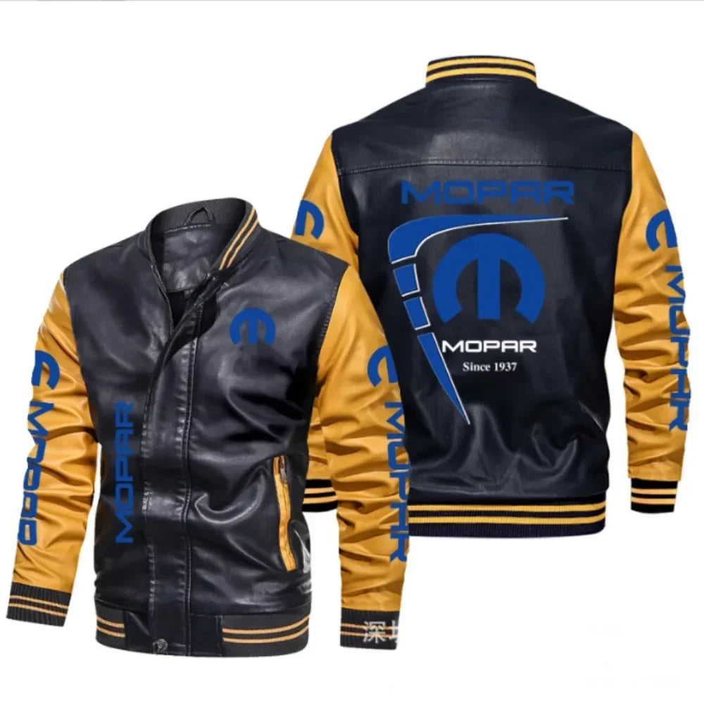 New Men's PU Leather Winter Mopar Logo Fashion Motorcycle Bomber Zipper Jacket Outwear Keep Warm Male Coat
