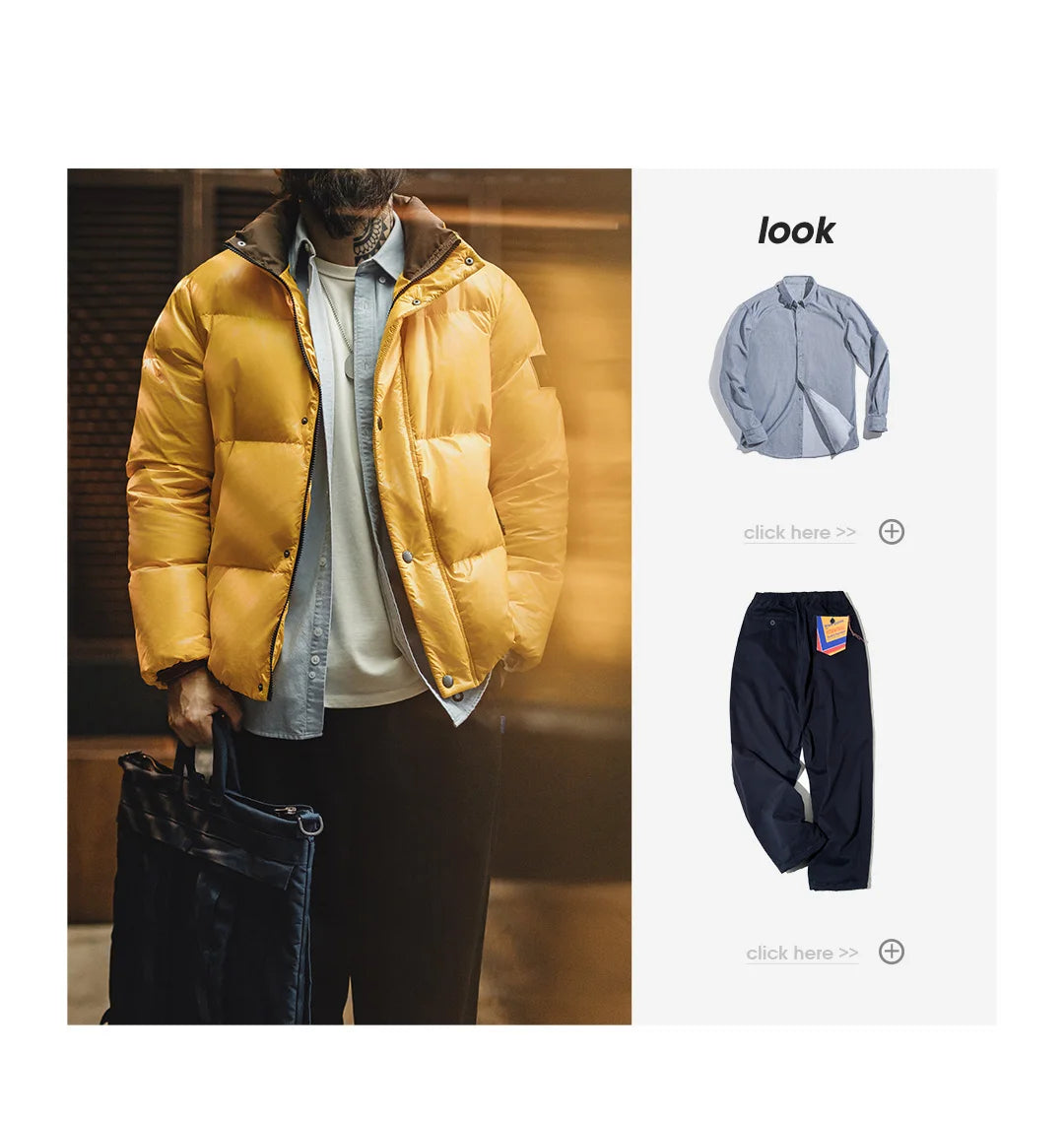 Maden Casual 90% White Duck Down Jacket Yellow Stand Collar Warm Jacket Versatile Puffer Coat for Men Fall and Winter Outerwear