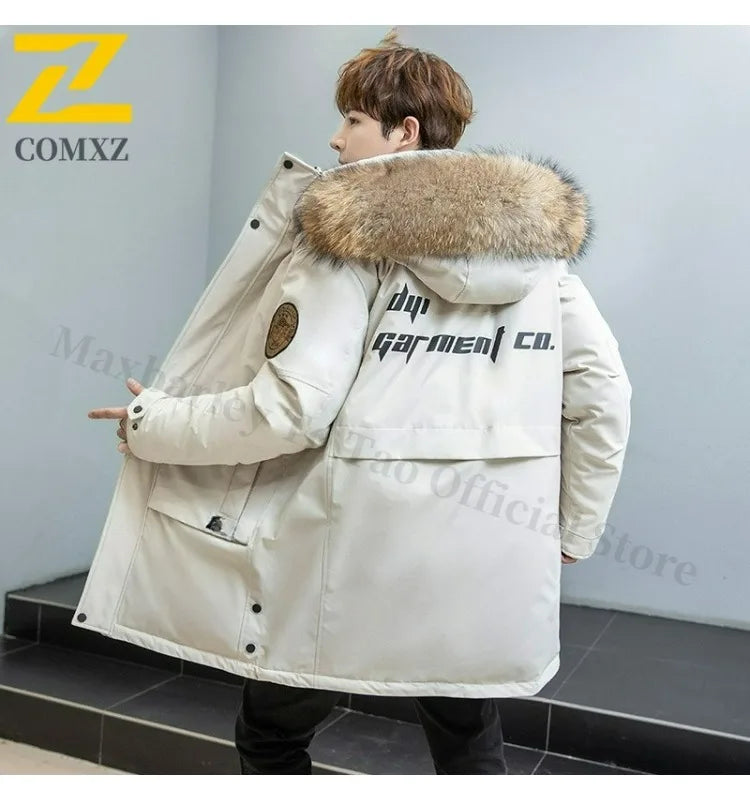 COMXZ Men Puffer Jacket Luxury Mao Collar Hooded Outdoor Office Thickened Parka Casual Travel Windproof Winter Long Puffer Coat