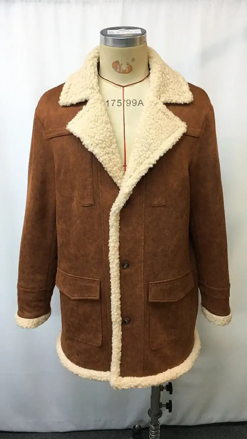 2025 Men's Vintage Suede Leather Patchwork Outdoor Jacket, Lamb Shearling Fleece Lined Reverse Collar Coat with Multiple Pockets