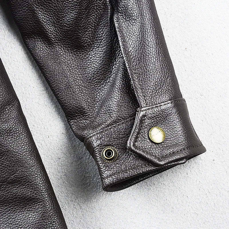 Brown Autumn Leather Jacket Men Safari Style Four Pockets Plus Size 5XL Natural Cowhide M65 Belt Genuine Leather Coat