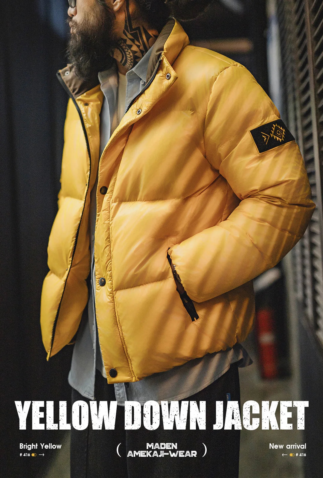 Maden Casual 90% White Duck Down Jacket Yellow Stand Collar Warm Jacket Versatile Puffer Coat for Men Fall and Winter Outerwear