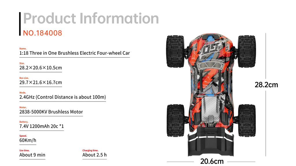 Wltoys 184008 1/18 Scale 2.4G RC Car Brushless Motor ESC 4WD Off-Road High Speed 60Km/H 3-in-1 Racing Toy for Boys