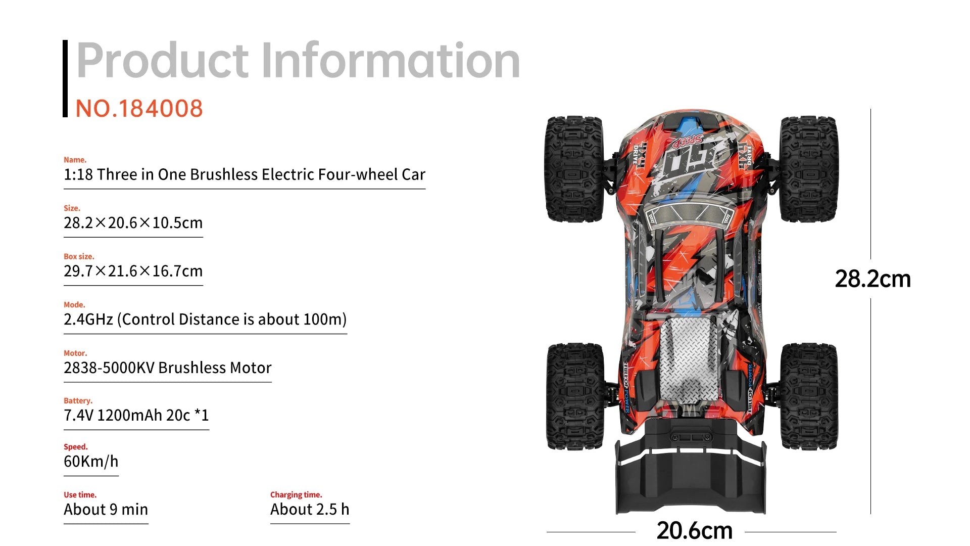 Wltoys 184008 1/18 Scale 2.4G RC Car Brushless Motor ESC 4WD Off-Road High Speed 60Km/H 3-in-1 Racing Toy for Boys