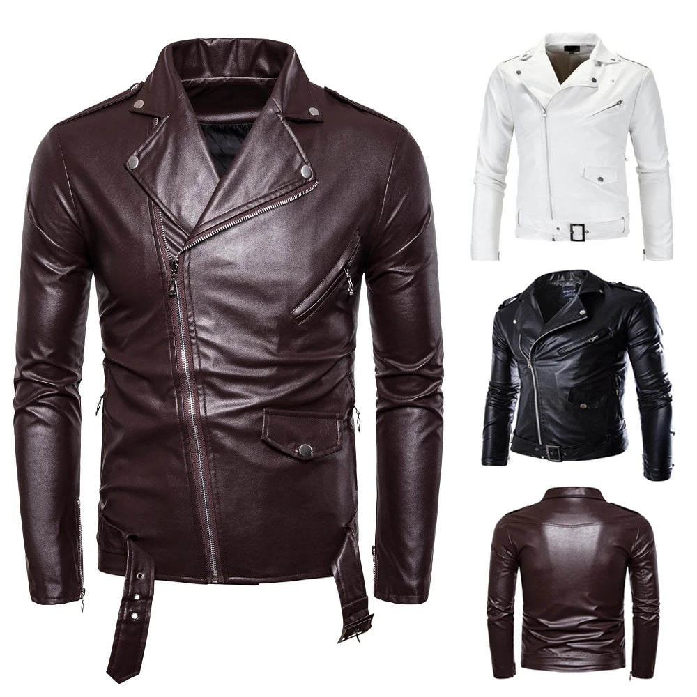 Mens Leather Jackets New White Black Casual Lapel Slim Fit Diagonal Zipper Motorcycle Pu Leather Jacket Coat Mens Jackets