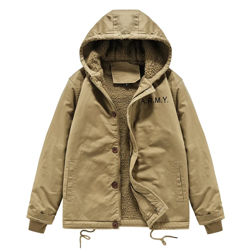 2025 New High-quality fall/winter outerwear men's outdoor casual windproof hooded pullover loose fleece work jacket male