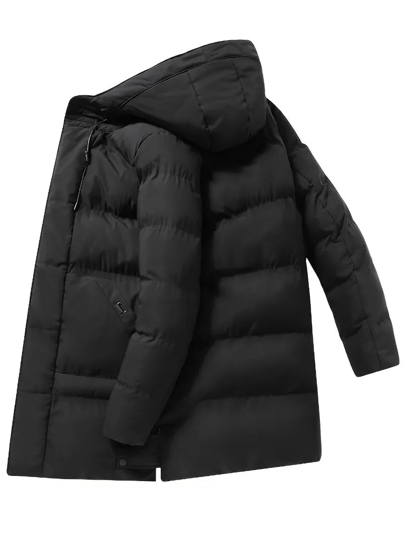 Men'S Heavyweight Winter Coat Windproof Cold Weather Jacket with Full-Length Zipper, Hooded Long Formality, Large Front Pockets