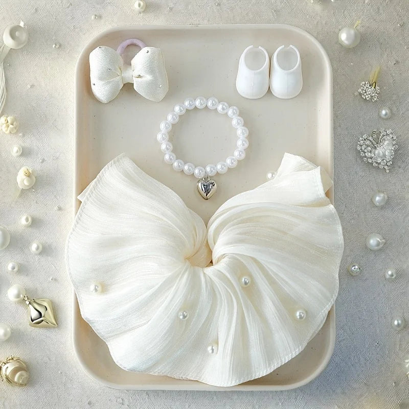Bow Dress For 17cm Ropa Labubu Mini Doll Clothes Matching Pearl Hair Accessory Fahion Style Labubu V2/V3 Themed Outfit
