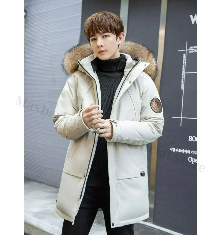 COMXZ Men Puffer Jacket Luxury Mao Collar Hooded Outdoor Office Thickened Parka Casual Travel Windproof Winter Long Puffer Coat