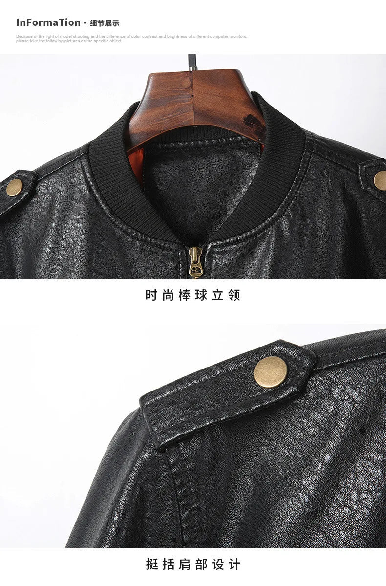 2025 Spring  Autumn Coffee V-neck  Embroidered PU Leather Motorcycle Jacket for Men,Army Green Washed Men's Workwear PU Jackets
