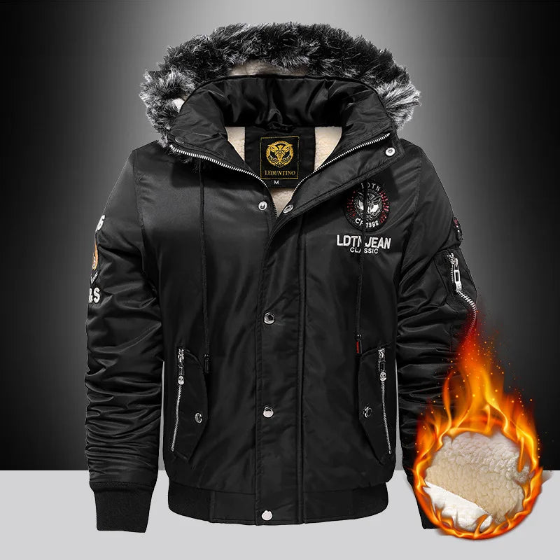 Men's Winter Fur Hooded Parka Coat Winter Warm Removable Hooded Fleece Lined Windproof Motorcycle Jackets Men Lambswool Parkas