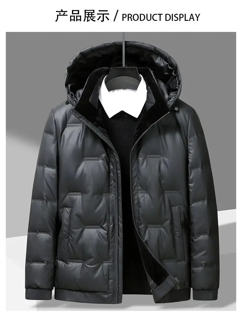 Winter Hooded Down Jacket Men Thicken Warm Genuine Leather Man Luxury Coat Male Fluffy Sheepskin Puffer