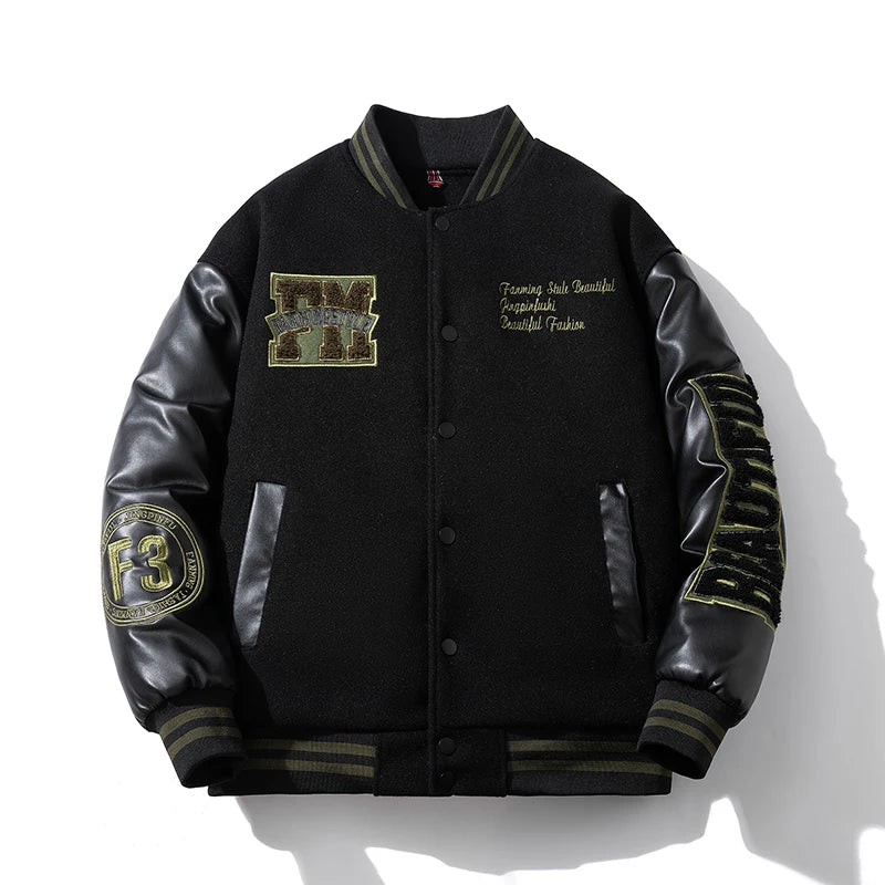Winter Varsity Jacket Man Leather Sleeves Letter Embroidery Jacket Racing Motorcycle Woolen Coat Button Thick Warm Cool Original
