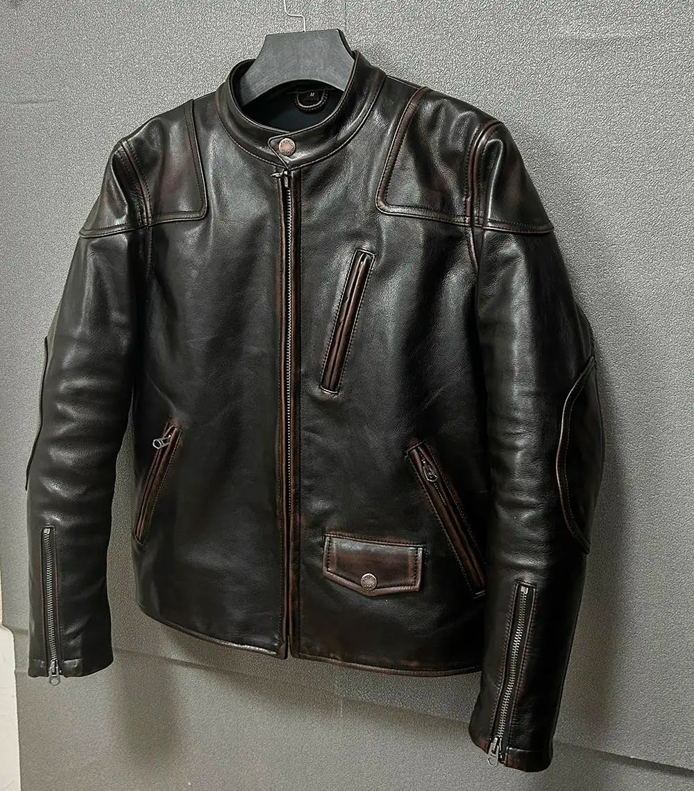 Vintage Black Autumn Leather Jacket Men Stand Collar Plus Size 5XL Natural Cowhide Slim Fit Short Genuine Leather Coat