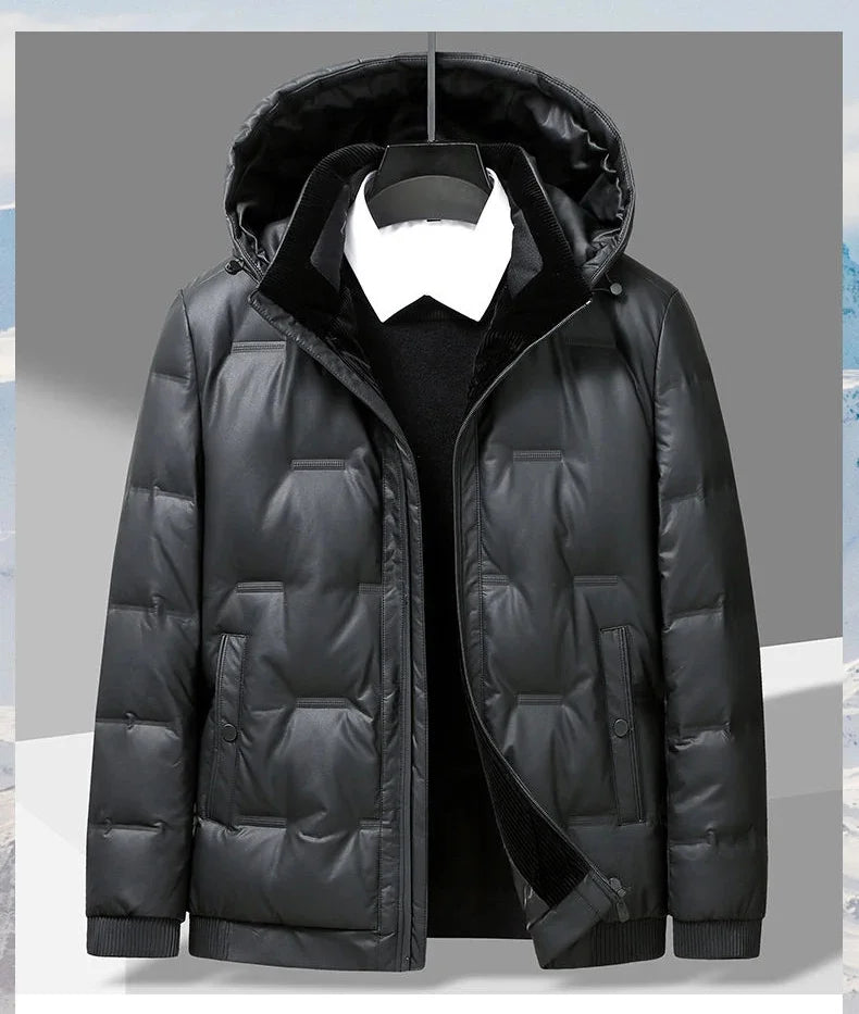 Winter Hooded Down Jacket Men Thicken Warm Genuine Leather Man Luxury Coat Male Fluffy Sheepskin Puffer