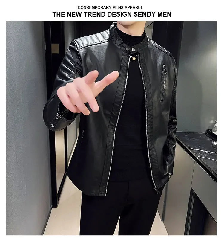 Spring and Autumn Men's Motorcycle Leather Jacket Casual Stand Collar Solid Color White Black Leather Jacket Zip Up PU Coat