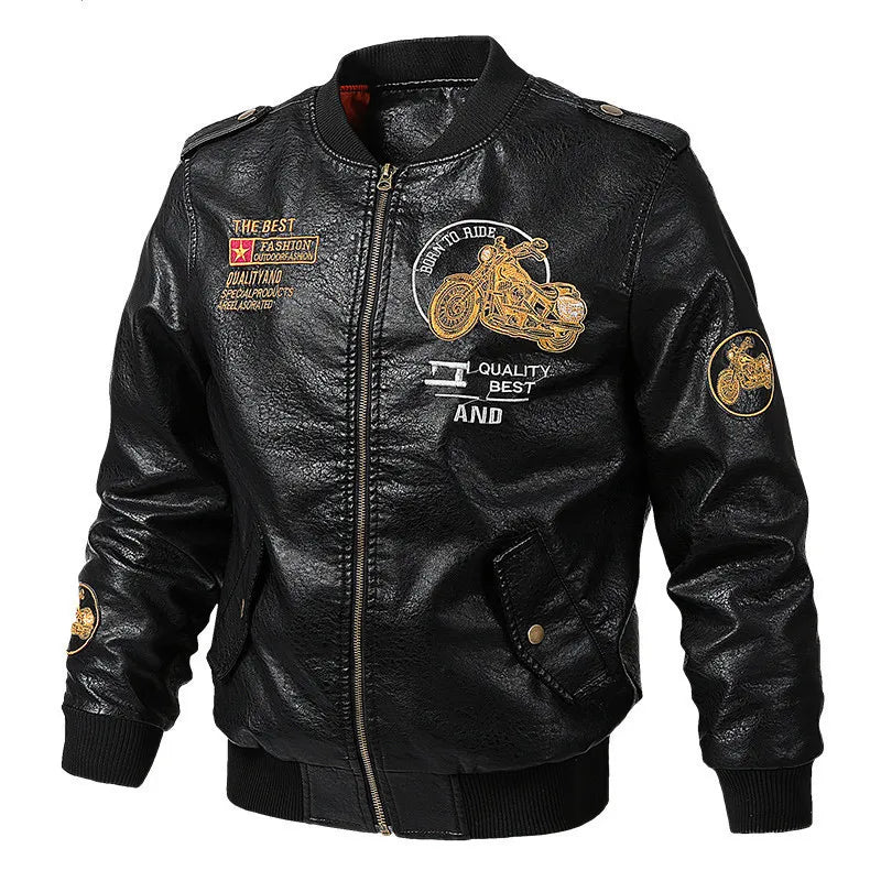 2025 Spring  Autumn Coffee V-neck  Embroidered PU Leather Motorcycle Jacket for Men,Army Green Washed Men's Workwear PU Jackets