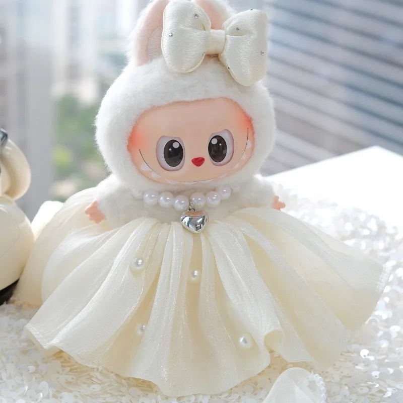 Bow Dress For 17cm Ropa Labubu Mini Doll Clothes Matching Pearl Hair Accessory Fahion Style Labubu V2/V3 Themed Outfit