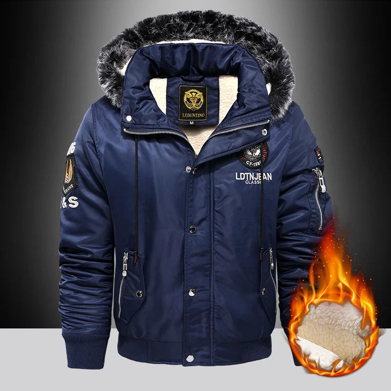 Men's Winter Fur Hooded Parka Coat Winter Warm Removable Hooded Fleece Lined Windproof Motorcycle Jackets Men Lambswool Parkas