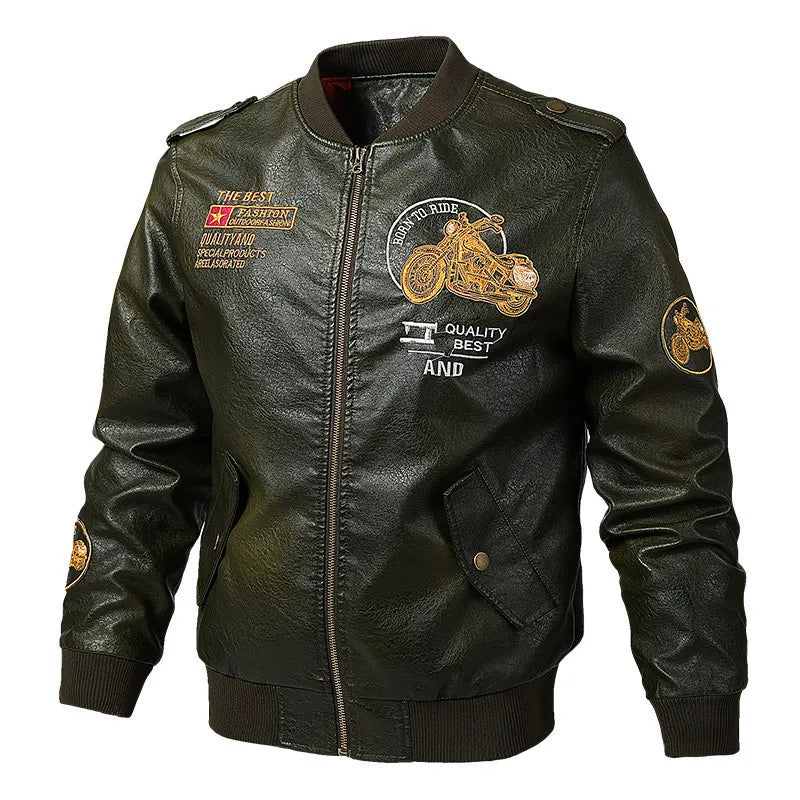 2025 Spring  Autumn Coffee V-neck  Embroidered PU Leather Motorcycle Jacket for Men,Army Green Washed Men's Workwear PU Jackets