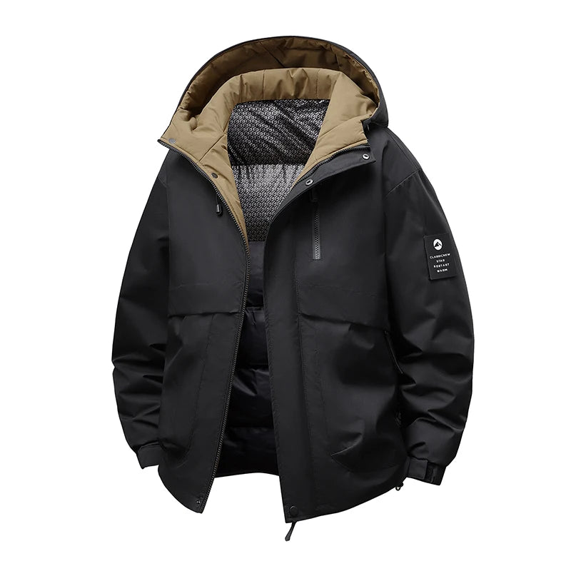 Winter Men Waterproof Windproof Casual Jacket Mens Puffer Hooded Fashion Jacket Man Outdoor Loose Thick Jacket Windbreaker Parka