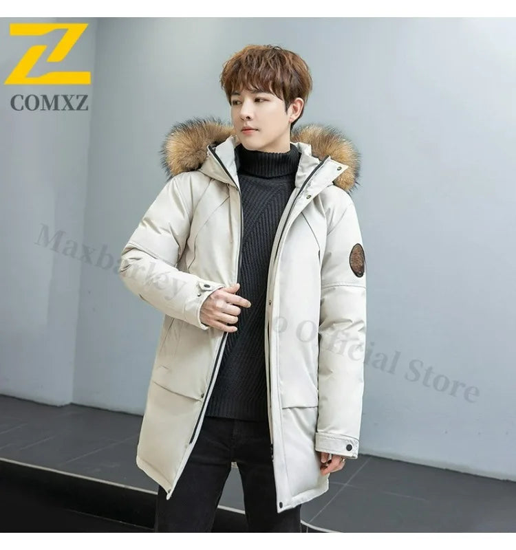 COMXZ Men Puffer Jacket Luxury Mao Collar Hooded Outdoor Office Thickened Parka Casual Travel Windproof Winter Long Puffer Coat