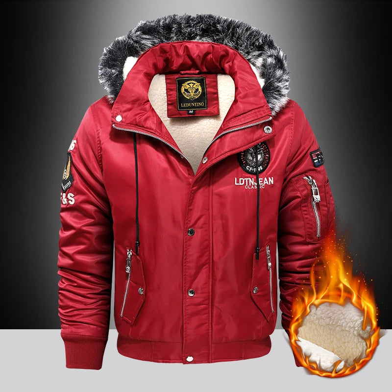 Men's Winter Fur Hooded Parka Coat Winter Warm Removable Hooded Fleece Lined Windproof Motorcycle Jackets Men Lambswool Parkas