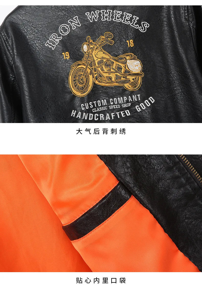 2025 Spring  Autumn Coffee V-neck  Embroidered PU Leather Motorcycle Jacket for Men,Army Green Washed Men's Workwear PU Jackets