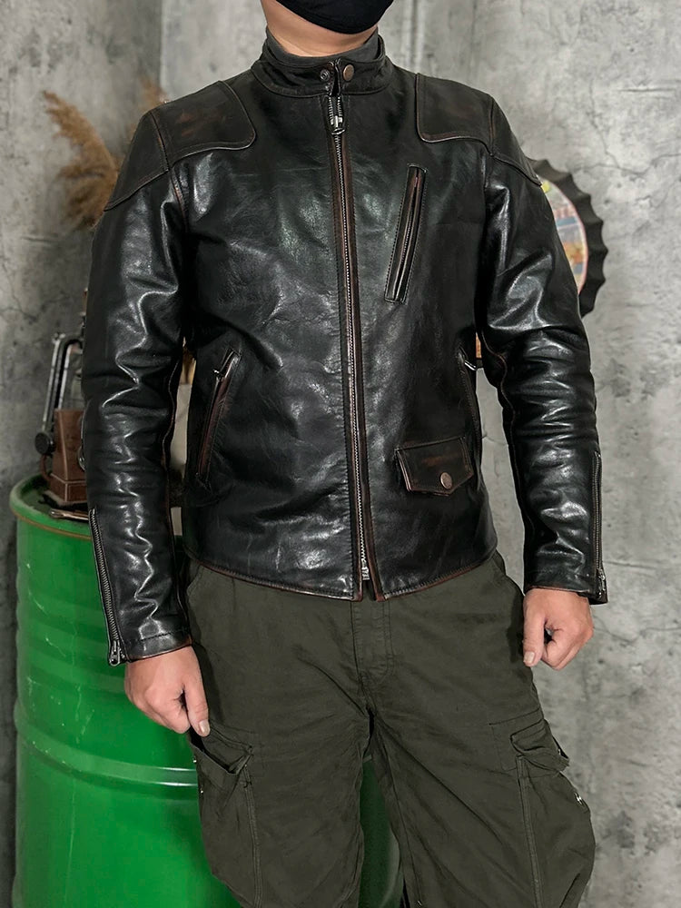 Vintage Black Autumn Leather Jacket Men Stand Collar Plus Size 5XL Natural Cowhide Slim Fit Short Genuine Leather Coat