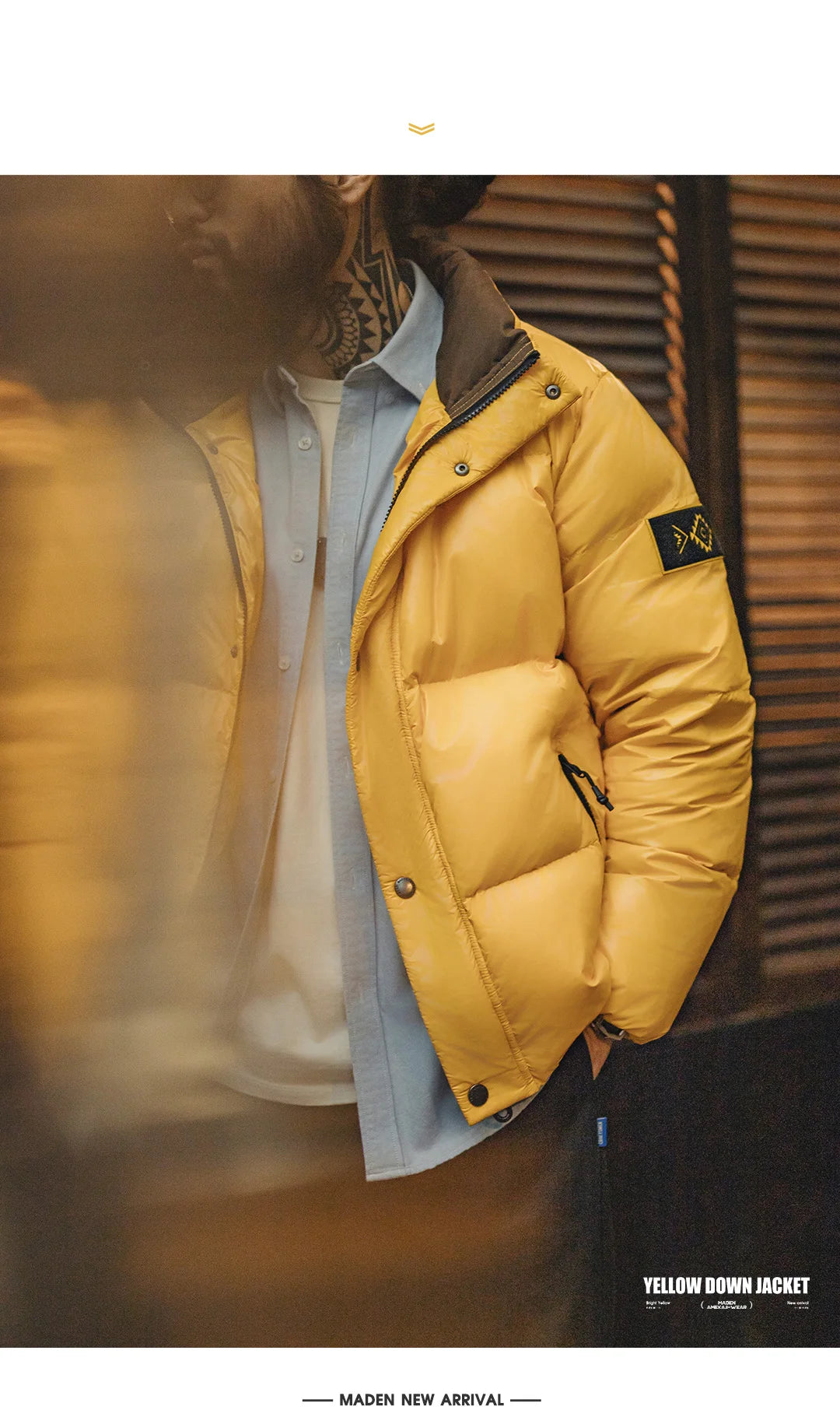 Maden Casual 90% White Duck Down Jacket Yellow Stand Collar Warm Jacket Versatile Puffer Coat for Men Fall and Winter Outerwear