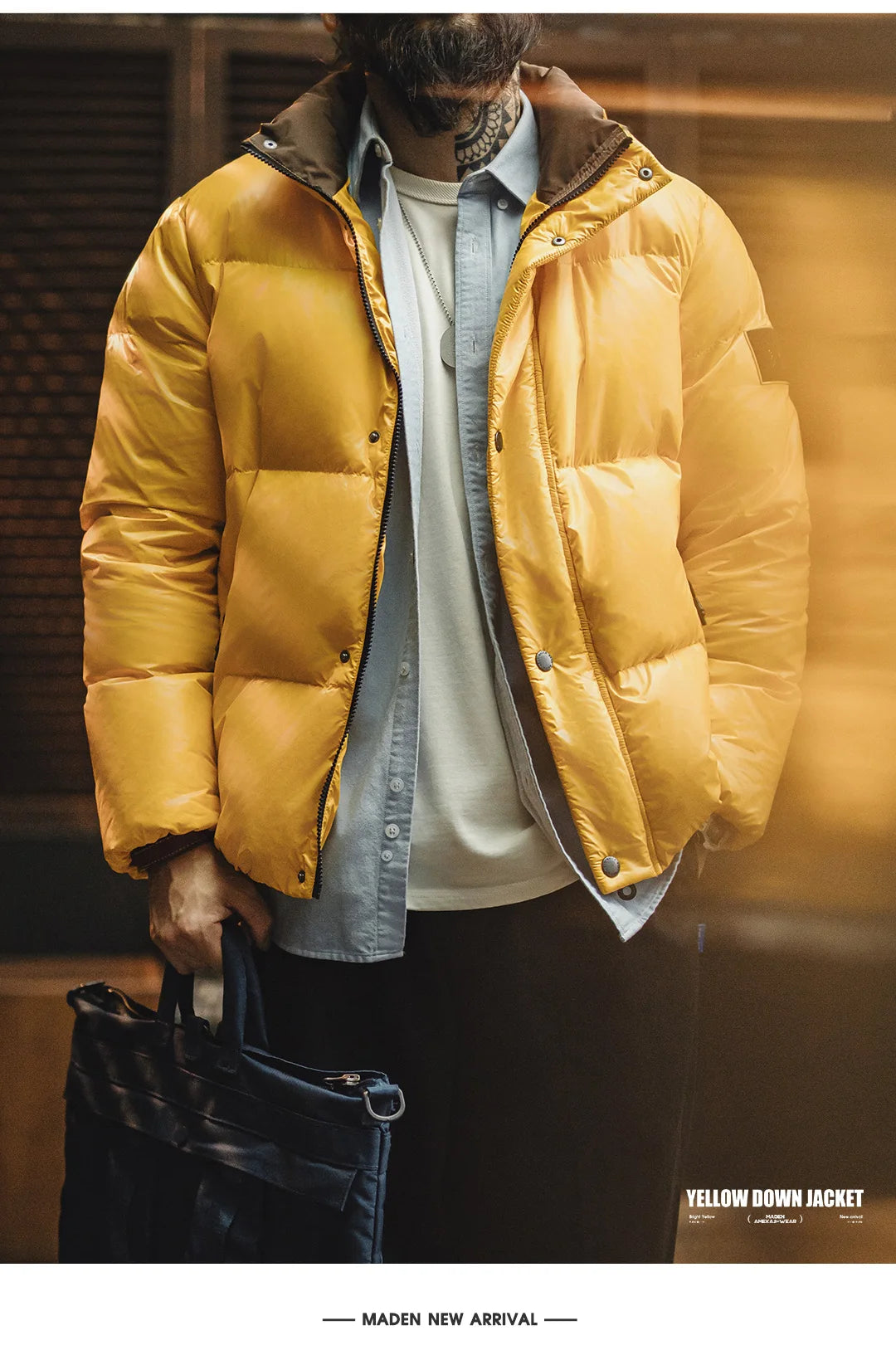 Maden Casual 90% White Duck Down Jacket Yellow Stand Collar Warm Jacket Versatile Puffer Coat for Men Fall and Winter Outerwear
