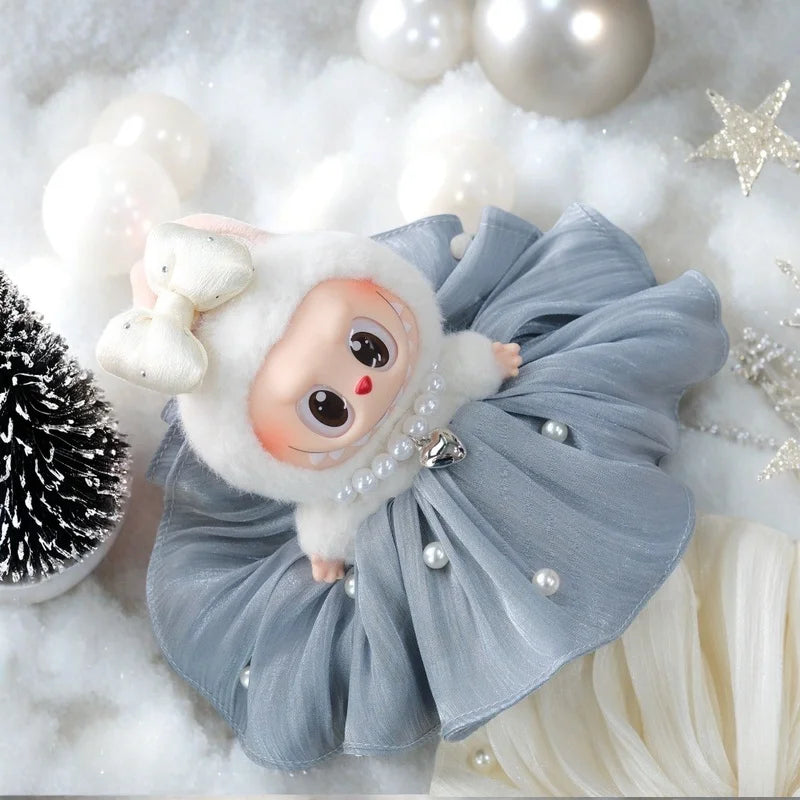 Bow Dress For 17cm Ropa Labubu Mini Doll Clothes Matching Pearl Hair Accessory Fahion Style Labubu V2/V3 Themed Outfit