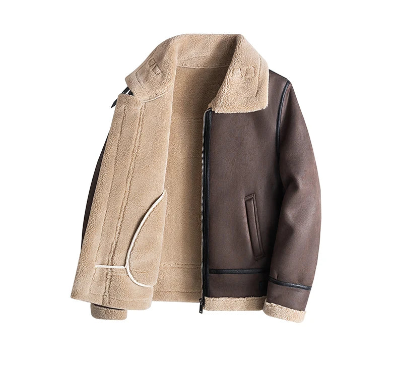Men's Fleece Leather Motorcycle Short Jacket Imitation Fur Coat High Quality High Appearance Level Fur Integrated Flight Suit
