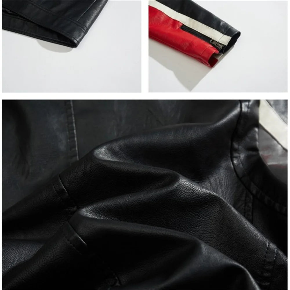 Honda leather jacket, stand-up collar, zipper design, contrasting colors, motorcycle windproof leather jacket, men's clothing